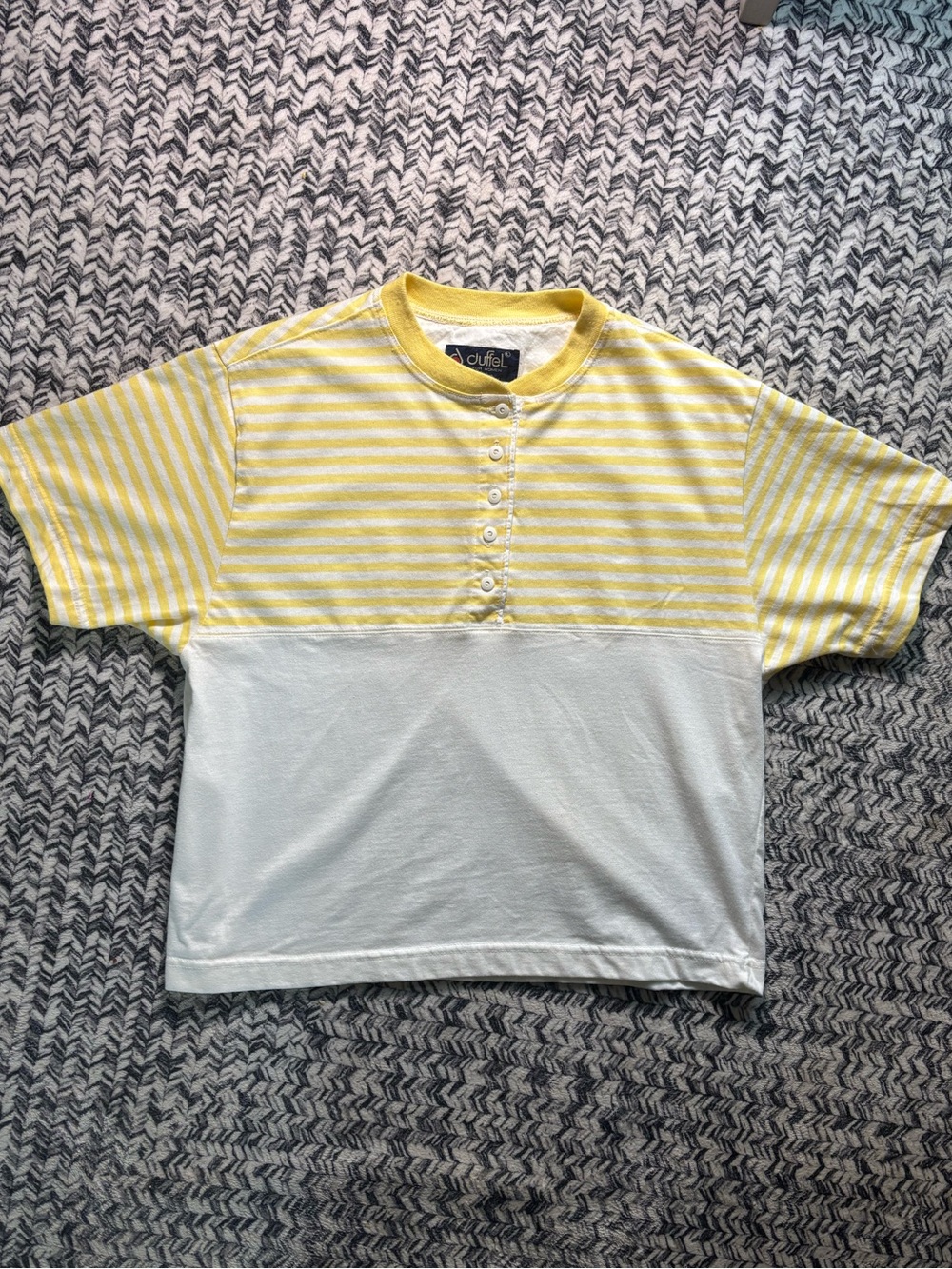 Women’s Vintage Colorblock Yellow Striped Cotton Crew Neck Top Shirt Large